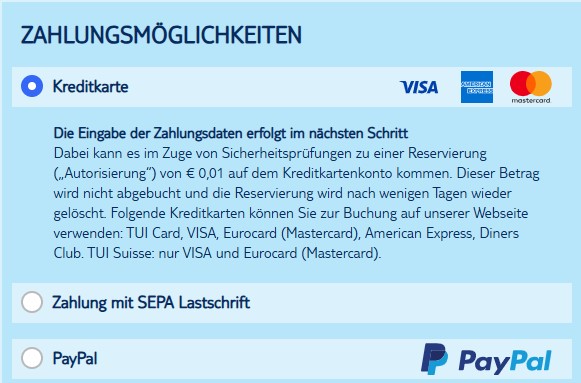 Auswahl der Zahlungsmöglichkeit Kreditkarte, SEPA-Lastschrift und PayPal auf der Webseite von TUI Cars