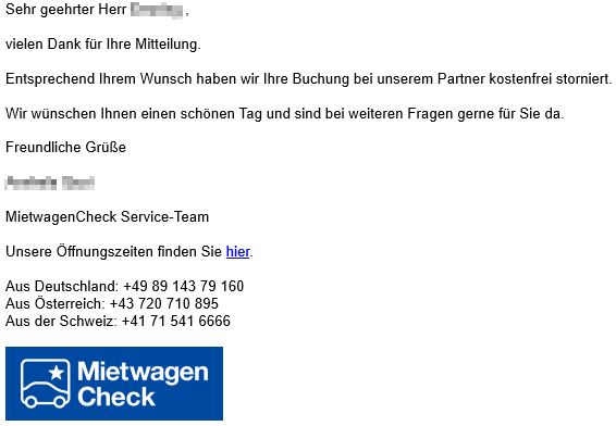 Nach erfolgreicher Stornierung erhält man eine E-Mail mit der Bestätigung über die kostenfreie Stornierung der Buchung