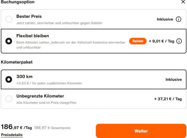 Preisbeispiel eines Flexiblen Tarifs der pro Tag einen Aufpreis kostet