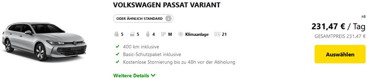 VW Passat Kategorie (Standard Kategorie) zur Auswahl auf der Europcar Webseite