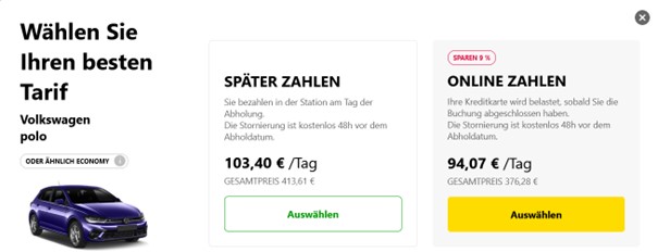 Europcar-Buchungsseite für einen VW Polo mit zwei Preisoptionen: 'Später zahlen' (103,40 €/Tag) und 'Online zahlen' (94,07 €/Tag) mit jeweiliger Stornierungs- und Zahlungsinfo